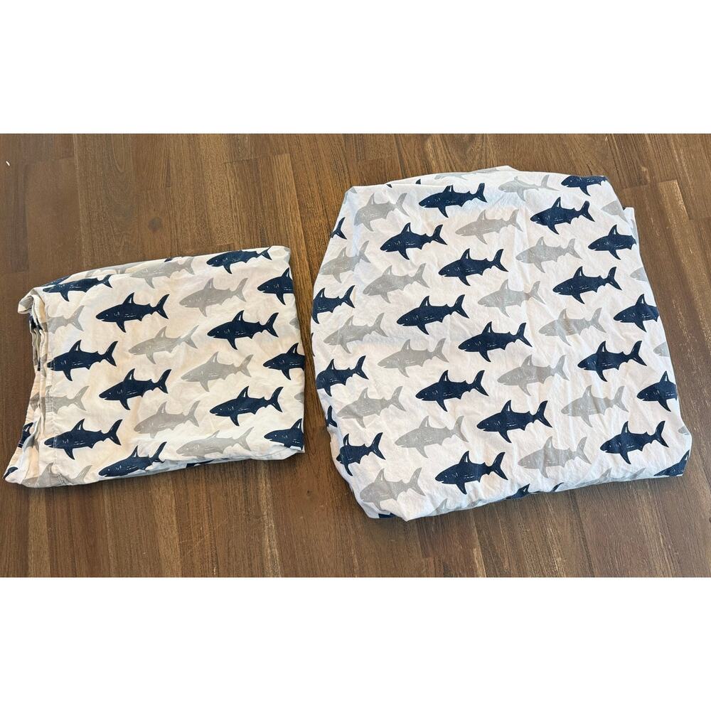 Pottery Barn Kids Sharks Grey/BlueWhite Full Flat Sheet and Pillowcase